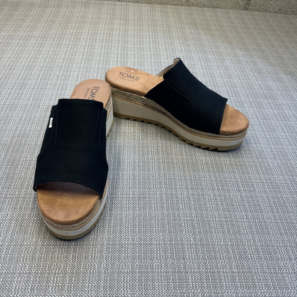TOMS Black Canvas Platform Wedge Mule Sandals Women 10 Slide Espadrille